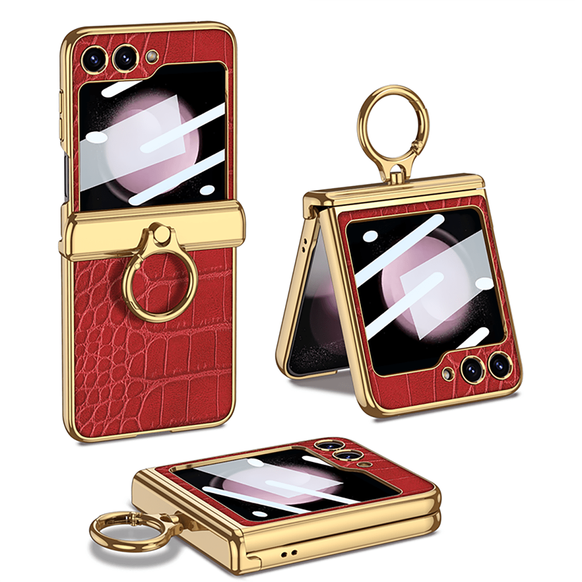 Electroplated Leather Magnetic Hinge Ring Holder Case For Galaxy Z Flip 7/6/5/4 With Front Protection Film