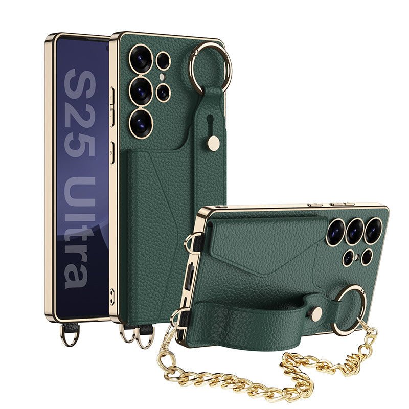 Electroplated Leather Shockproof Phone Cover With Bracelet For Galaxy S25 S24 S23 Ultra
