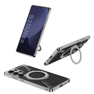 Electroplating Leather Shockproof Phone Case With Magnetic Ring Holder For Galaxy S25 S24 S23 Ultra