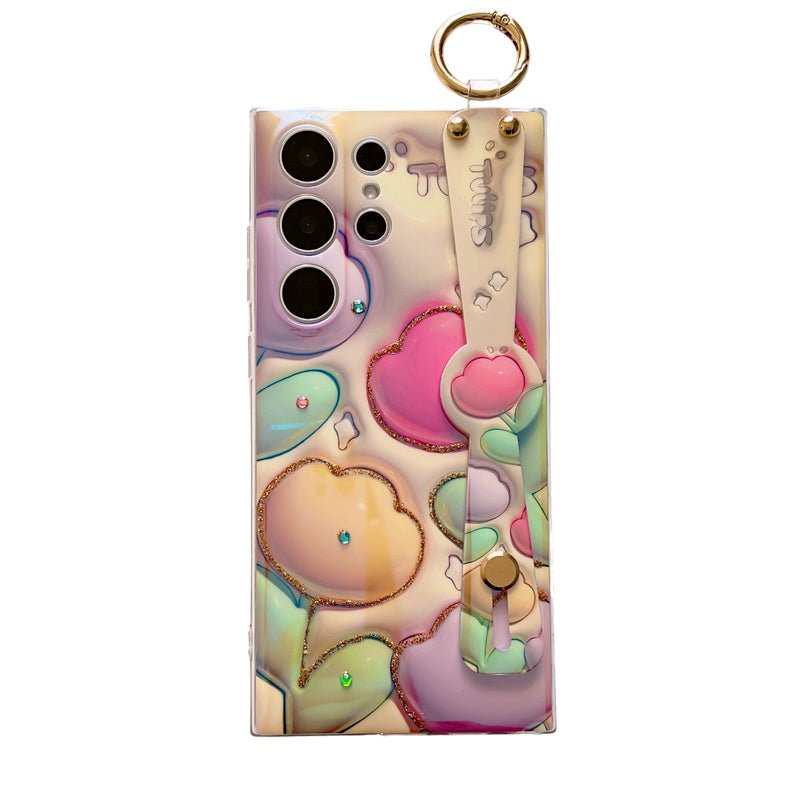 Glitter Blue Light 3D Tulips Case For Galaxy S25 S24 S23 S22 S21 Ultra Plus Soft Silicone With Wrist Strap Support Stand Shell