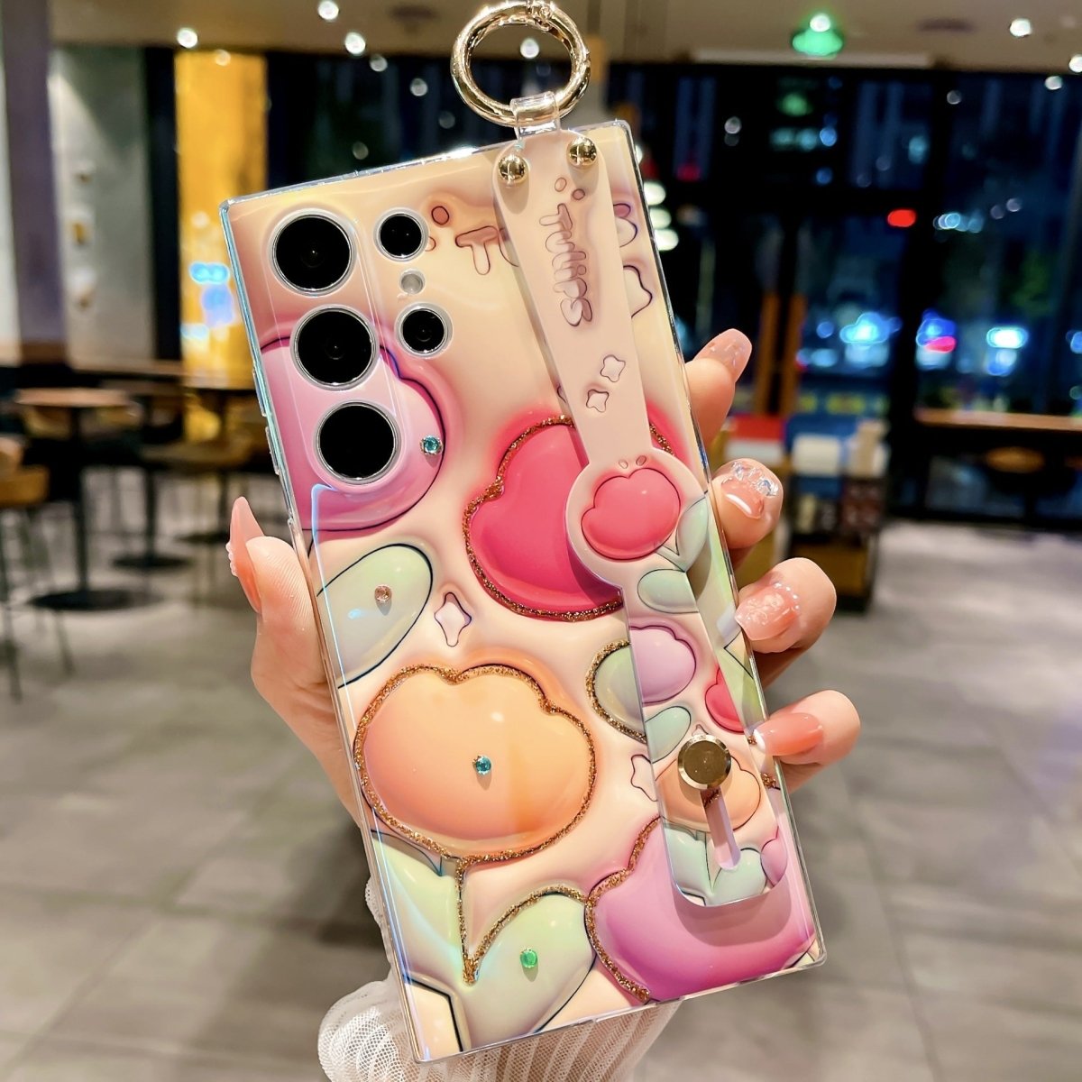 Glitter Blue Light 3D Tulips Case For Galaxy S25 S24 S23 S22 S21 Ultra Plus Soft Silicone With Wrist Strap Support Stand Shell