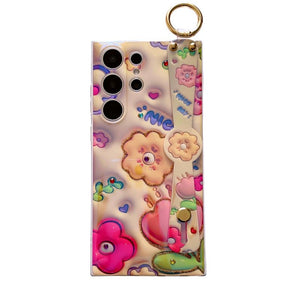 Glitter Blue Light 3D Tulips Case For Galaxy S25 S24 S23 S22 S21 Ultra Plus Soft Silicone With Wrist Strap Support Stand Shell