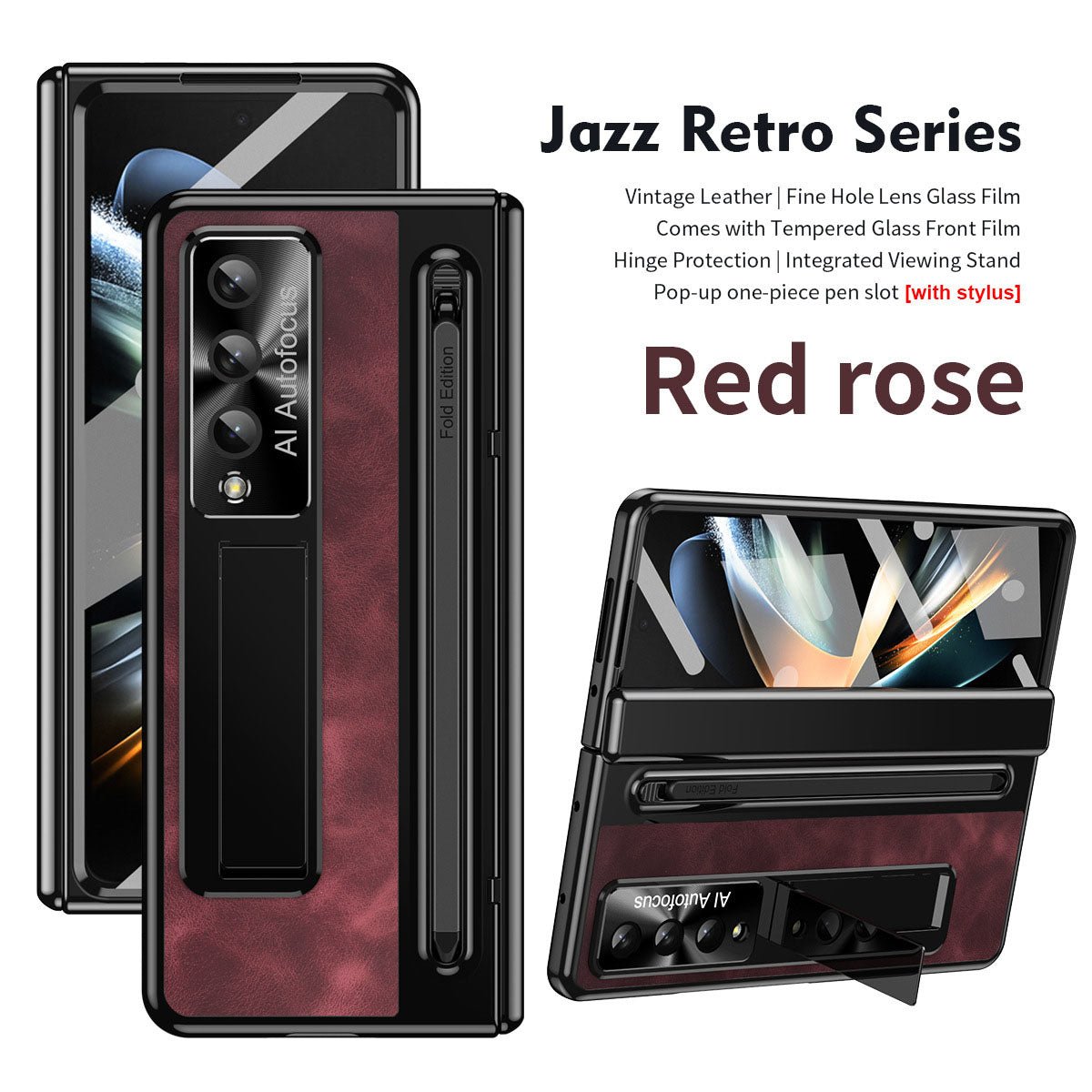 Jazz Retro Style Anyi - fall Protective Leather Phone Case For Galaxy Fold 7/6/5/4 With Front Protection Film And Stylus