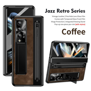 Jazz Retro Style Anyi - fall Protective Leather Phone Case For Galaxy Fold 7/6/5/4 With Front Protection Film And Stylus