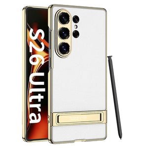 Leather Electroplated Protective Phone Case With Invisible Holder For Galaxy S26 S25 S24 S23 Ultra Plus