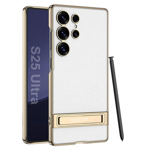 Leather Electroplated Protective Phone Case With Invisible Holder For Galaxy S26 S25 S24 S23 Ultra Plus