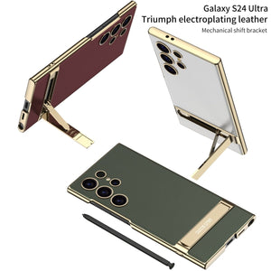 Leather Electroplated Protective Phone Case With Invisible Holder For Galaxy S26 S25 S24 S23 Ultra Plus