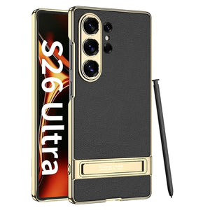 Leather Electroplated Protective Phone Case With Invisible Holder For Galaxy S26 S25 S24 S23 Ultra Plus