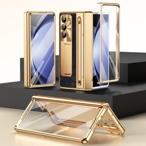 Leather Golden Electroplated Phone Case With Back Screen Glass and Stylus For Galaxy Z Fold 7/6/5/4