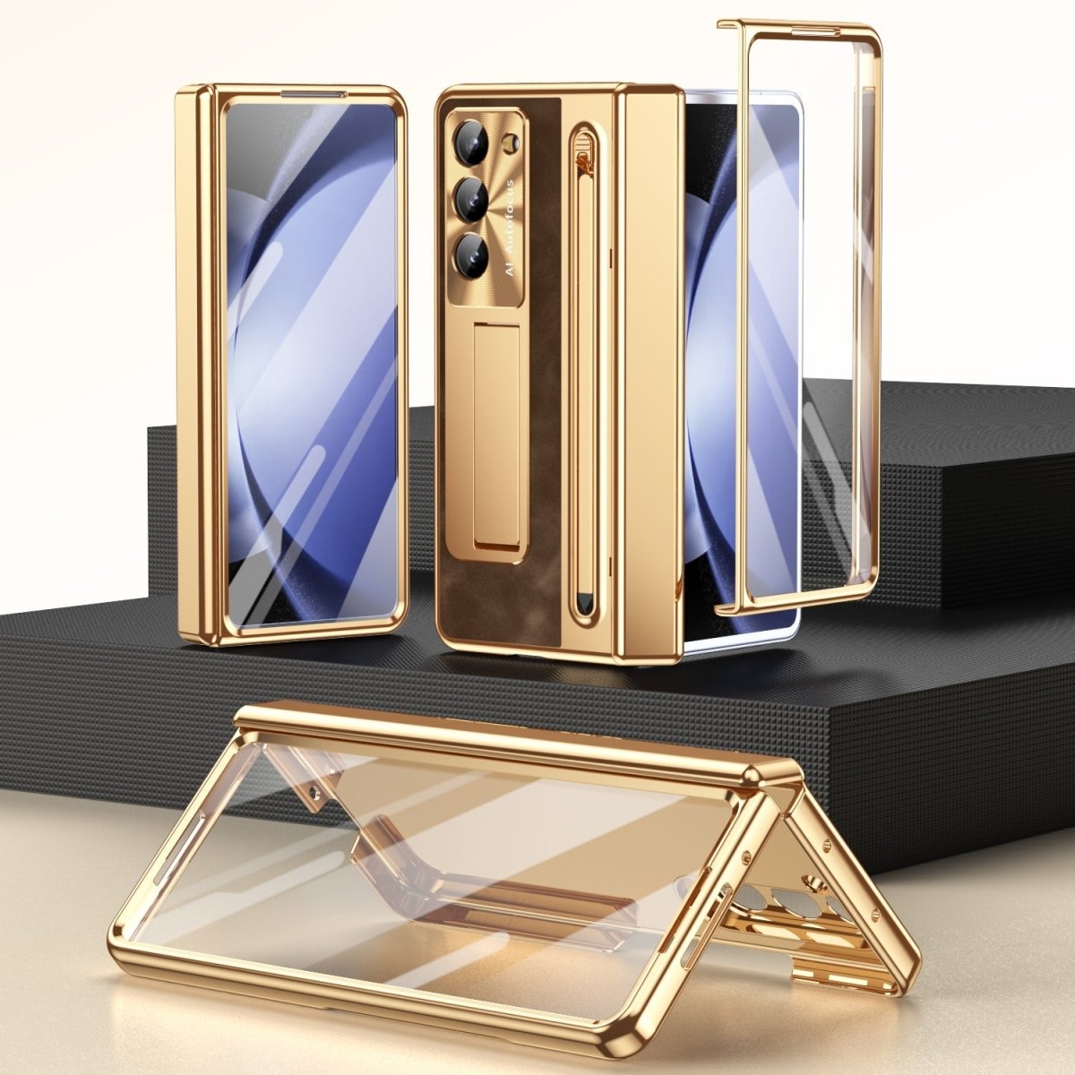 Leather Golden Electroplated Phone Case With Back Screen Glass and Stylus For Galaxy Z Fold 7/6/5/4