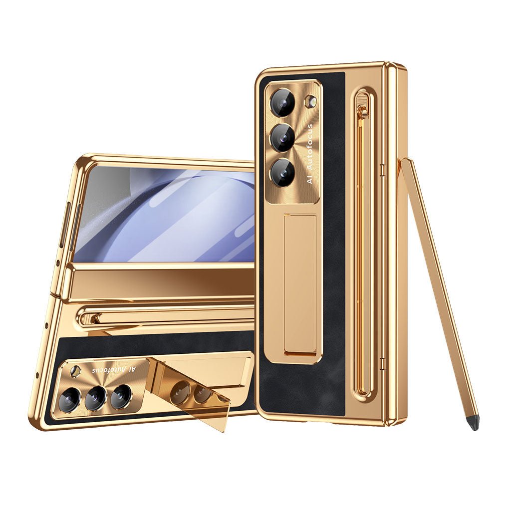 Leather Golden Electroplated Phone Case With Back Screen Glass and Stylus For Galaxy Z Fold 7/6/5/4