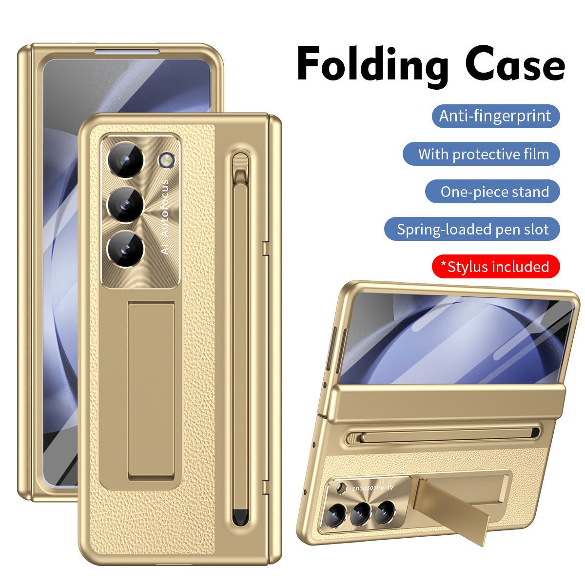 Leather Golden Electroplated Phone Case With Back Screen Glass and Stylus For Galaxy Z Fold 7/6/5/4