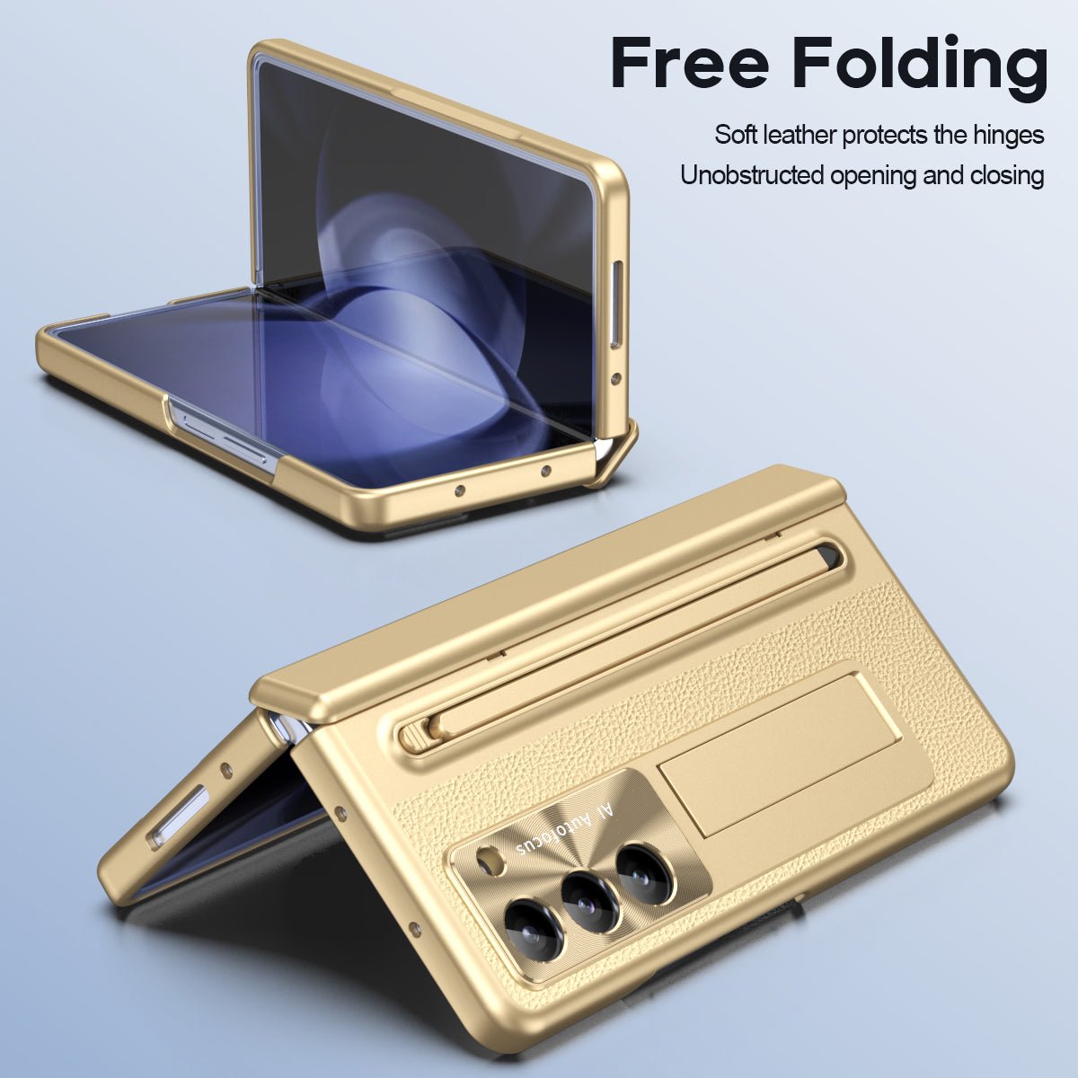 Leather Golden Electroplated Phone Case With Back Screen Glass and Stylus For Galaxy Z Fold 7/6/5/4