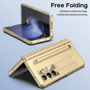 Leather Golden Electroplated Phone Case With Back Screen Glass and Stylus For Galaxy Z Fold 7/6/5/4