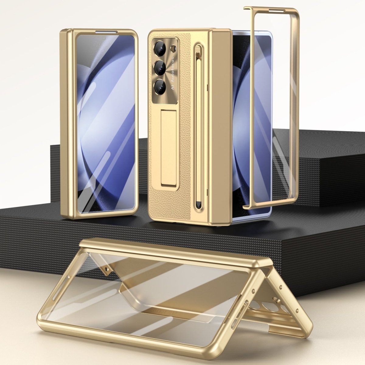 Leather Golden Electroplated Phone Case With Back Screen Glass and Stylus For Galaxy Z Fold 7/6/5/4