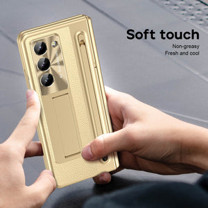Leather Golden Electroplated Phone Case With Back Screen Glass and Stylus For Galaxy Z Fold 7/6/5/4