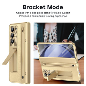 Leather Golden Electroplated Phone Case With Back Screen Glass and Stylus For Galaxy Z Fold 7/6/5/4