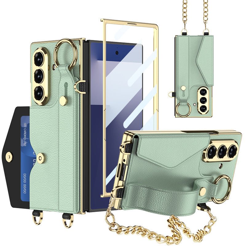 Luxurious Leather Phone Cover With Metal Chain & Wristband For Galaxy Z Fold 7/6
