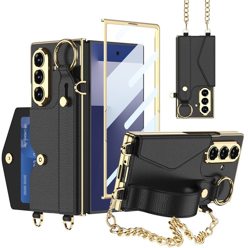 Luxurious Leather Phone Cover With Metal Chain & Wristband For Galaxy Z Fold 7/6