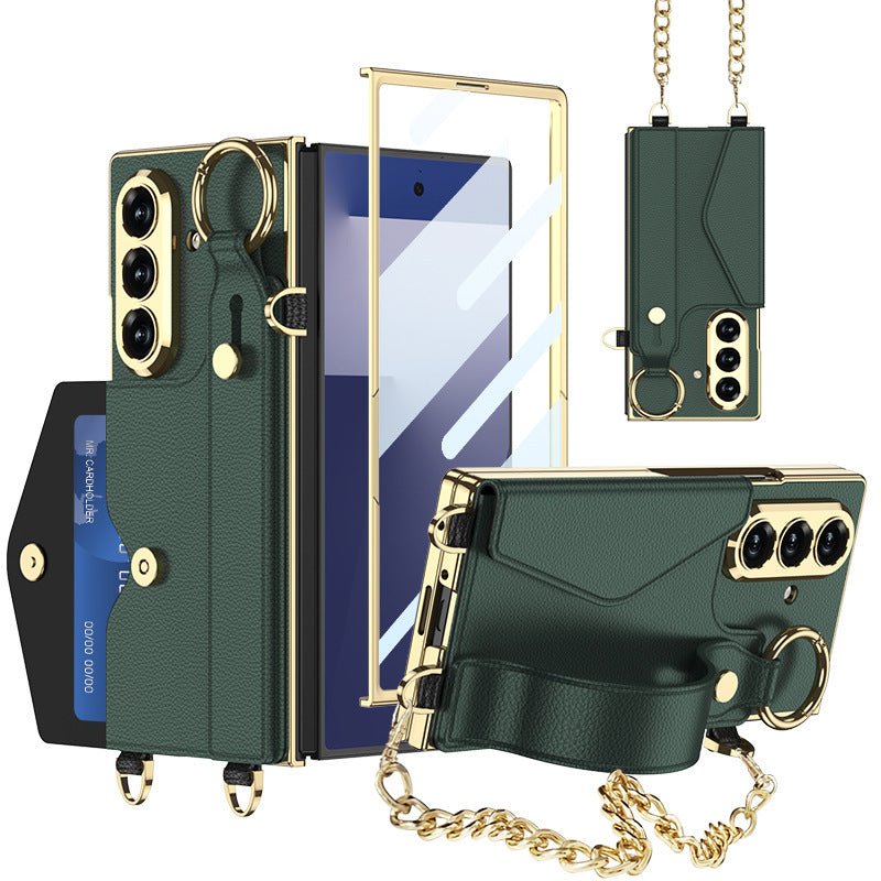 Luxurious Leather Phone Cover With Metal Chain & Wristband For Galaxy Z Fold 7/6