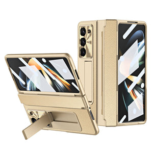 Luxury Leather Magnetic Bracket Shell Electroplated Phone Case For Galaxy Z Fold3/4/5/6/7 With Back Screen Glass