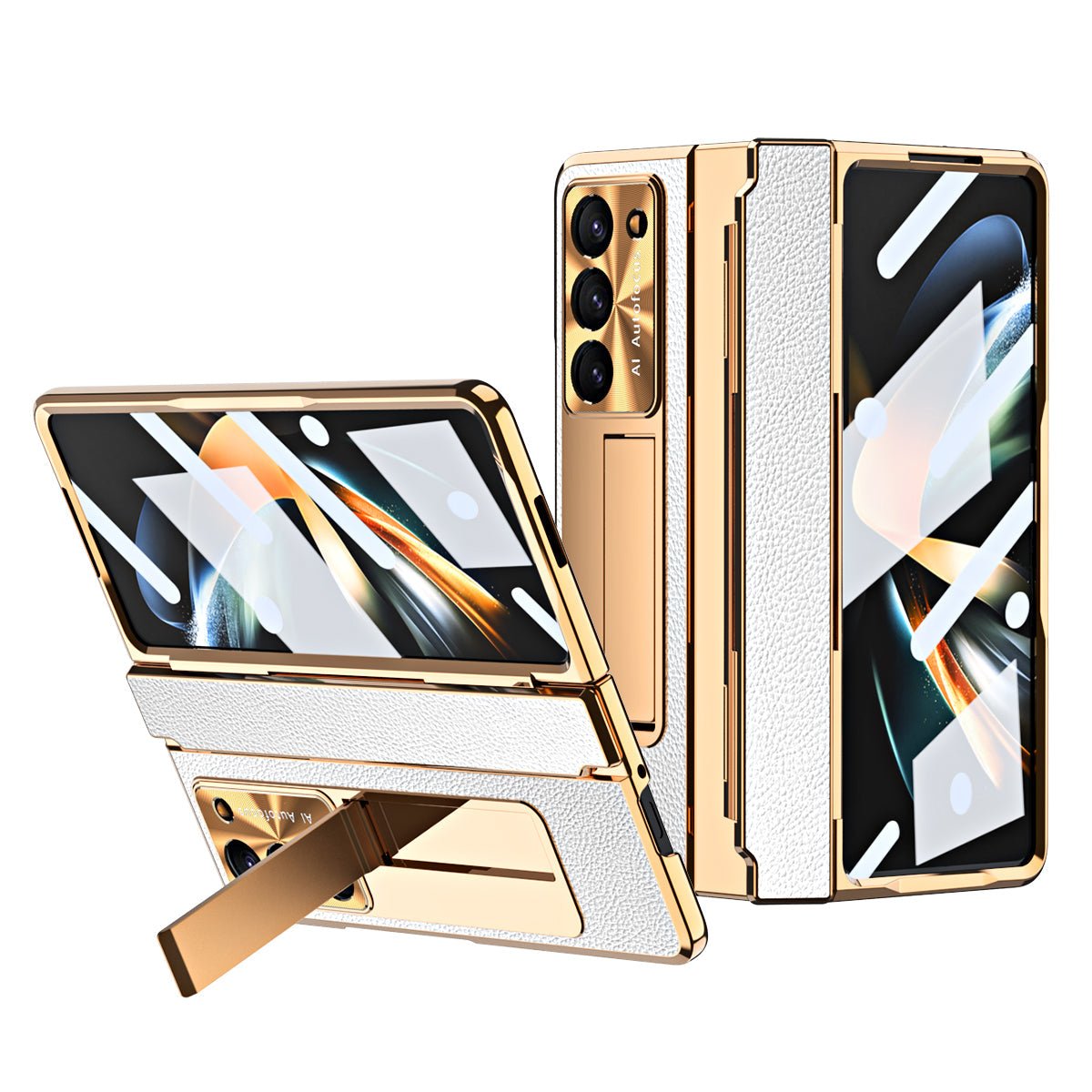 Luxury Leather Magnetic Bracket Shell Electroplated Phone Case For Galaxy Z Fold3/4/5/6/7 With Back Screen Glass