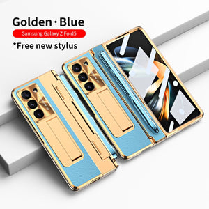 Luxury Leather Magnetic Bracket Shell Electroplated Phone Case For Galaxy Z Fold3/4/5/6/7 With Back Screen Glass