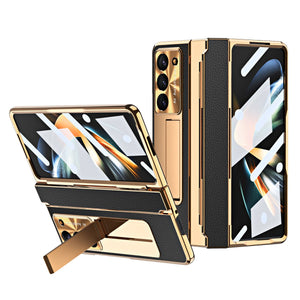 Luxury Leather Magnetic Bracket Shell Electroplated Phone Case For Galaxy Z Fold3/4/5/6/7 With Back Screen Glass