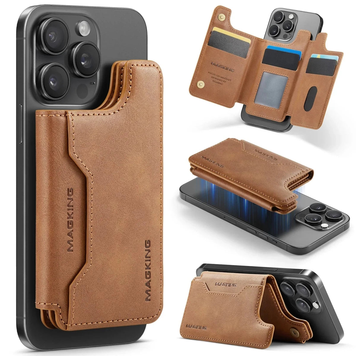 Magnetic Card Pocket Leather Phone Stand Holder for iPhone 17 Series