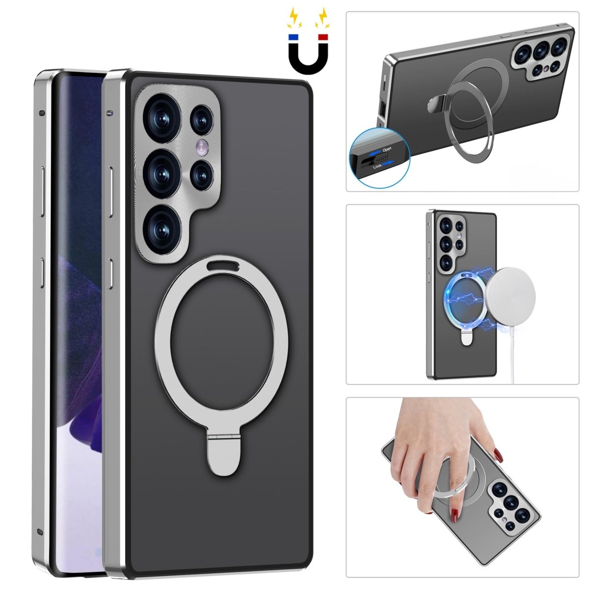 Magnetic Double - Sided Protection Metal Frame Phone Case With Invisible MagSafe Bracket For Galaxy/iPhone