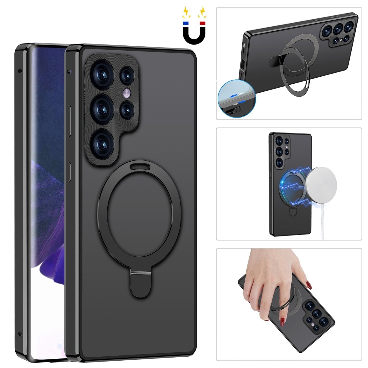 Magnetic Double - Sided Protection Metal Frame Phone Case With Invisible MagSafe Bracket For Galaxy/iPhone