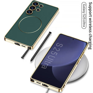 Shockproof Leather Golden Phone Case Support Wireless Charge For Galaxy S25 S24 S23 Ultra