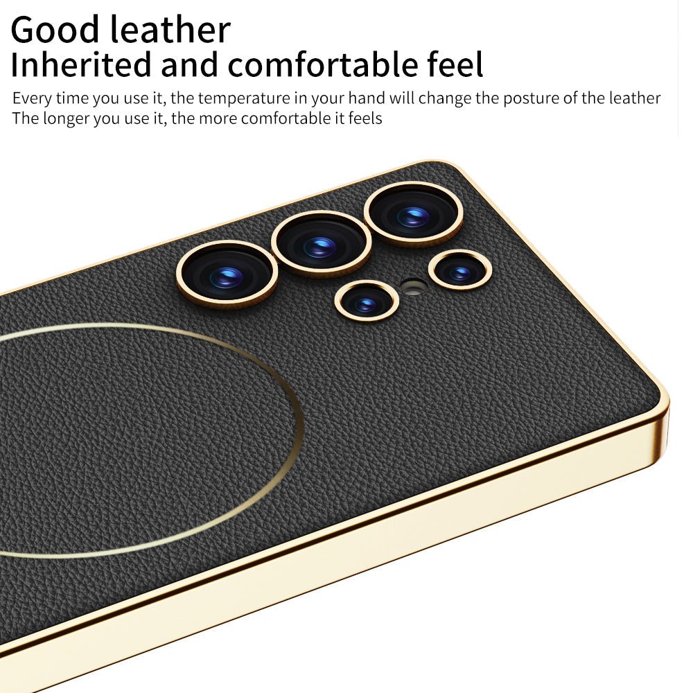 Shockproof Leather Golden Phone Case Support Wireless Charge For Galaxy S25 S24 S23 Ultra